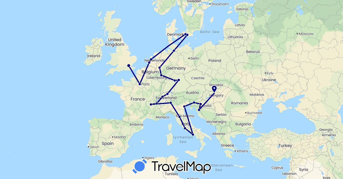 TravelMap itinerary: driving in Switzerland, Germany, Denmark, France, United Kingdom, Croatia, Hungary, Italy, Netherlands, Sweden, Slovenia (Europe)